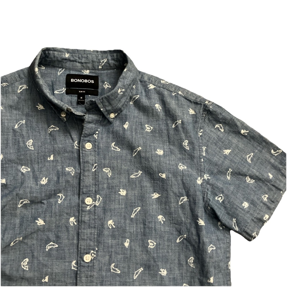 Bonobos Shirt Mens Medium Blue Button Up Slim Fit All Over Print Fish SS